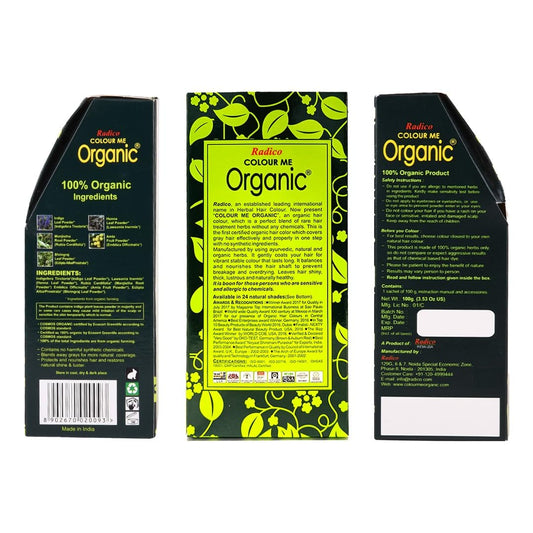 Three packaging boxes of Radico Colour Me Organic hair product on a white background